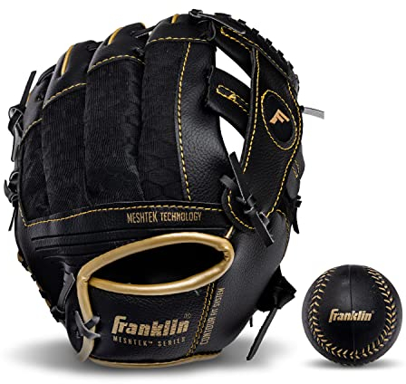 Franklin Sports Meshtek Baseballhandschuhe für Kinder – Ballhandschuh + Ball-Set – Jungen + Mädchen Teeball Handschuh Set – Kinder + Kleinkind – Rechtshänder Überwurf – 24,1 cm, Schwarz/Gold