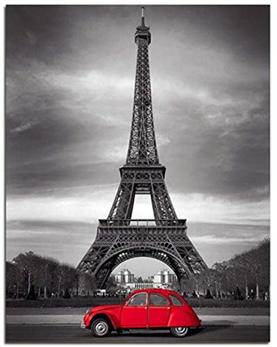 Peinture par numéros Kit - Noir Et Blanc Tour De Fer Voiture Rouge - DIY Pré-Imprimé Toile Peinture À l'huile Cadeaux pour Enfants Adultes Décoration Murale sans Cadre 40x50cm