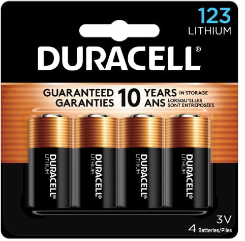 Duracell CR123A 3V Lithium Battery, 4 Count Pack, 123 3 Volt High Power Lithium Battery, Long-Lasting for Home Safety and Security Devices, High-Intensity Flashlights, and Home Automation