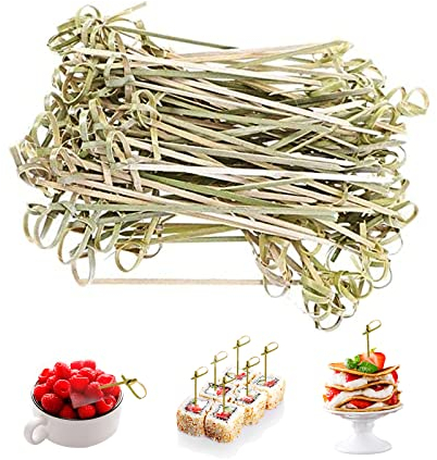 Palillos de cóctel 300 piezas de varillas de cóctel con forma de nudo de flores de bambú, palillos de dientes de palillos de bambú para cóctel, barbacoa, fiesta, bandeja decorativa de 12 cm