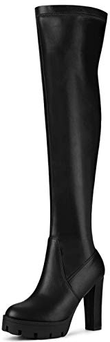 Allegra K Femmes Talons Plateforme Talon Chunky sur Bottes Hauteur Genou Noir 39