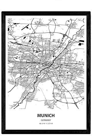 Nacnic Poster mit Karte von München - Deutschland. Blätter von Städte in Deutschland mit Meeren und Flüssen in schwarz und weiß. A3