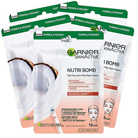 Garnier Skinactive Masque en tissu Nutri Bomb nourrissant et illuminant avec du lait de coco pour peaux sèches et éteintes - 5 masques jetables
