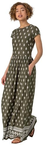 Roman Originals Maxi Dress with Pockets for Women UK Ladies Stretchy Jersey Midi Elasticated Gathered High Waist Skater Swing Fit Flare Office Work Smart Casual Boho - Khaki White - Size 16