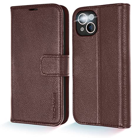 TECHGEAR Wallet Case for iPhone 13 Mini, Genuine Leather Magnetic Flip [RFID Blocking] Case with Shockproof TPU Holder, Card Slots, Stand Folio Cover Compatible with iPhone 13 Mini 5.4 2021, Brown