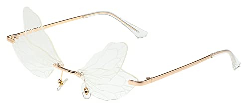 RUNHUIS Randlose Dragonfly Sonnenbrille Vintage Retro Flügel geformt Schmetterling Feenhafte Schatten Brille Fashion Party Brillen für Damen Herren (Weiß)