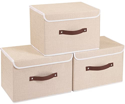 Yawinhe 3 Stück Aufbewahrungsbox aus Stoff, Faltbare Stoffboxen, Waschbare, für Schlafzimmer, Kleideraufbewahrung, 38x25x25cm, Beige, SNK018BE