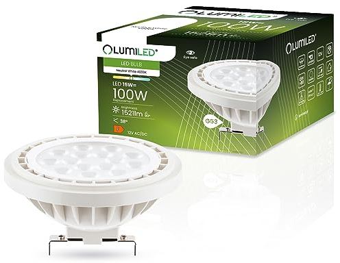 Lumiled LED-Leuchtmittel AR111 G53 Fassung Spannung 12V DC/AC 15W (Entspricht Halogen 100 Watt) Neutralweiß 4000K 38 Grad Abstrahlwinkel weiß 1521 Lumen Ra>80 Kunststoff