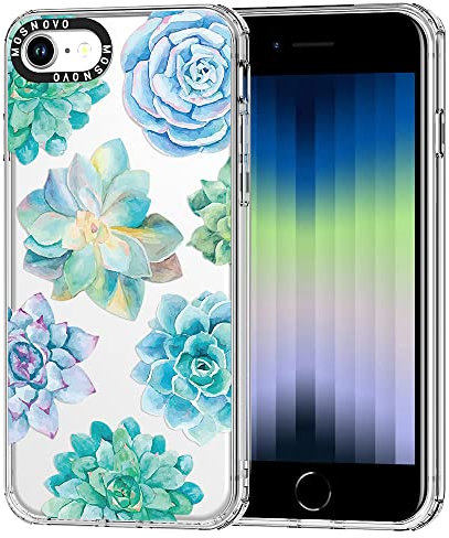 MOSNOVO Case for iPhone SE, iPhone 8 & iPhone 7, [Buffertech 6.6ft Military-Grade Drop Protection] [Anti Peel Off Tech] Clear TPU Bumper Phone Case Cover Design - Tropical Succulent