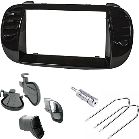 Sound Way Double DIN Car Radio, 2 DIN Front Panel Frame, Air Vents, Antenna Adapter, Release Keys, compatible with Fiat 500 (2007-2015), Glossy Black