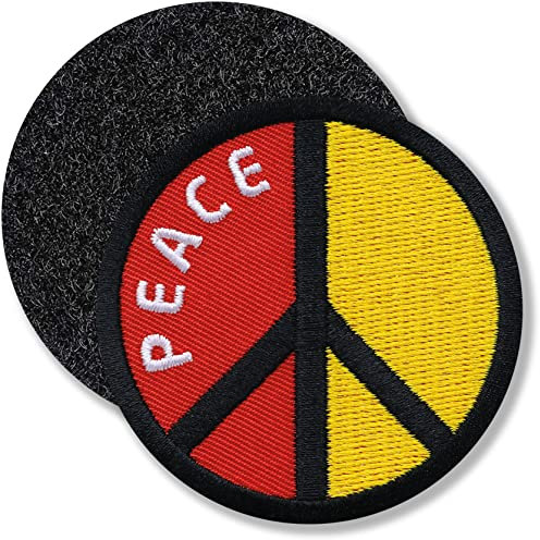 Klettpatch - Peace Zeichen rund gestickt 62 mm/Deutschland Frieden Krieg Welt Erde/Klett-Patch Patch Patches Klett Abzeichen auf Kleidung Rucksack/Rot-Gelb-Schwarz