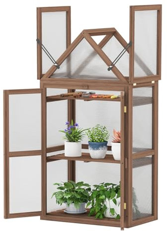 COSTWAY Serre de Jardin à 3 Niveaux en Bois de Sapin, 2 Porte Toit Ouvrant avec Étagères Réglables, Serre à Tomates Protection Transparente en Polycarbonate, 71x41x133cm, Brun
