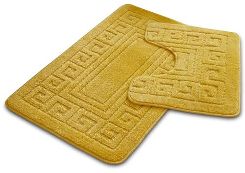 VELVETIO Bath Mat Set 2 Piece Machine Washable for Bathroom, Jacquard Greek Non Slip Quick Dry Shower Rugs & Bathtub Mats, Highly Water Absorbent 100% Polypropylene Toilet Rug Sets, Ochre
