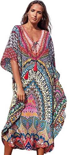 Jarseila Robe de Plage Femme Broderie Caftan Bohomian Paréo Femme Plage Détendu Grande Taille Maxi Kaftan Pareos Bohème Biniki Cover Ups 2025 Eté