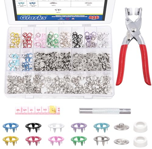 Glarks 505pcs Metall Snap Knöpfe mit Snap Zangen Presse Werkzeug, 10 Farben 9,5 mm Hohlzange Snap Knöpfe und Snap Befestigungen Werkzeug mit Band Messkit für DIY Nähen Handwerk