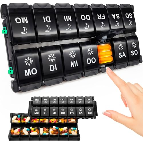 XL Large Weekly Pill Organiser, Pill Boxes 7 Day 2 Times a Day, Travel Tablet Medication Box with Push Button Pop Open Design, 14 Day Pill Box Organiser, Daily Vitamin Box Pill Dispenser for Fish Oil