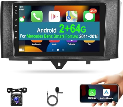 2+64G Autoradio Android per Mercedes Benz Smart Fortwo 2011-2015 con Wireless Carplay e Android Auto, navigazione touch screen da 9 pollici Wi-Fi GPS + telecamera di retrovisione AHD
