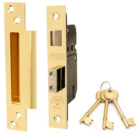 TSS British Standard Mortice Sash Lock 2.5 (68mm) Brass with 3 Keys and Fixings, Insurance Approved for External Doors, British Standard BS3621:2007