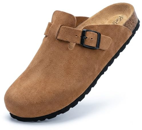 GONKOS® Leder Clogs Damen Herren Clogs & Pantoletten, Veloursleder, echtes Leder, Naturkork, Pantoletten Herren Damen, Qualitätssandalen Made in Spain, Farbe Veloursleder Muskat Größe 43