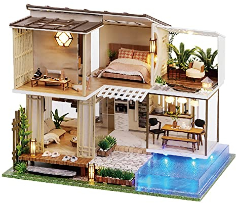 Cute Room Puzzle 3D Maison de poupée DIY en bois Maison miniature Kit de modélisation Chalet avec piscine