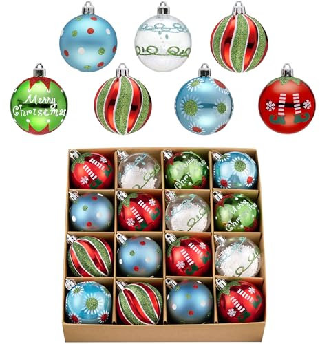 Valery Madelyn Weihnachtskugel-Ornamente, 16 Karat, Elfe, rot, grün, weiß, bruchsicher, Weihnachtsbaumschmuck-Set, 5,9 cm, skurriles dekoratives Hängeornament, Großpackung für Weihnachten, Urlaub,