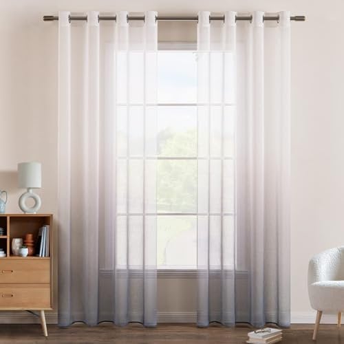 EMEMA Gardinen Transparent Vorhänge Voile Sheer Vorhang mit Ösen Farbverlauf Dekoschal Fensterschal für Schlafzimmer und Wohnzimmer 160 cm x 140 cm(H x B) 2er Set Weiß Grau