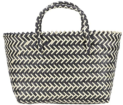 HELVES Handmade Moroccan Market Basket Large Capacity French Wicker Basket Straw Beach Bag Vegetables Shopping Basket with Handle for Women Shopping Laundry Blue Yellow (Color : Black)
