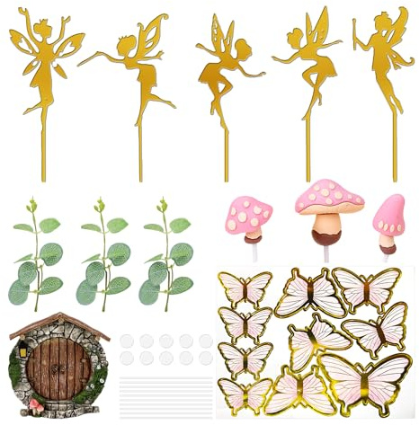 22 Stück Kuchendekorationen, Feen-Schmetterlings-Kuchendekorationen, Gartenpilz-Dekorationen, Party-Dekorationen, Elfen-Geburtstagsdekorationen Mit Kuchenaufsatz