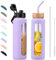 BLUEGO 900ML Bouteille d'eau en Verre et 2 Couvercles Gourde Reutilisable Tasse à Café avec Marqueur de Temps et Protecteur en Silicone Sans BPA pour Enfant et Adultes, Violet