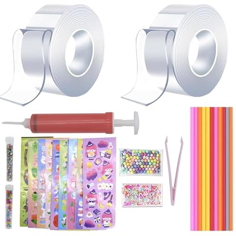 Cisolen Nano Tape Bubbles Kit DIY Nano Glue Double Sided Nano Tape for Making Bubbles with 2 Rolls Nano Tape Bubbles 1 Balloon Inflator 10 Straws 10 Stickers 1 Tweezer and 4 Packets Sequin Filler