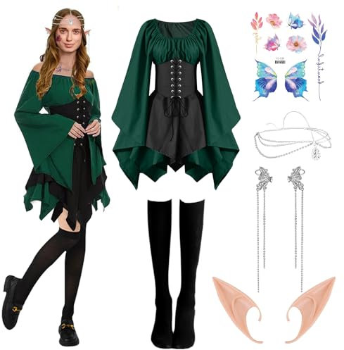 Robe Médiévale Femme, Robe Traditionnelle Irlandaise, Costumes Gothiques pour Femmes avec Oreilles d'elfe accessoires Oreilles Chaussettes, Robe Renaissance Elfe Cosplay pour Halloween Carnaval L