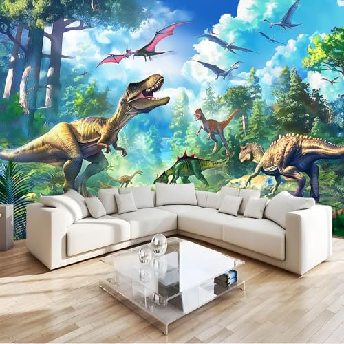 Tapete 3D Fototapete Dinosaurier Wald Grün Triceratops 400x280 cm Vliestapete Wandtapete Wandbilder 3D Druck Foto Tapeten für Wohnzimmer Schlafzimmer Vlies Tapete Motivtapeten