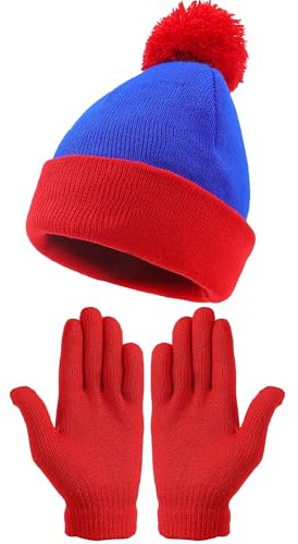 WATCPNO Halloween-Charakter-Cosplay-Kopfbedeckung und Handschuhe, Strickmütze (Blau und Rot)