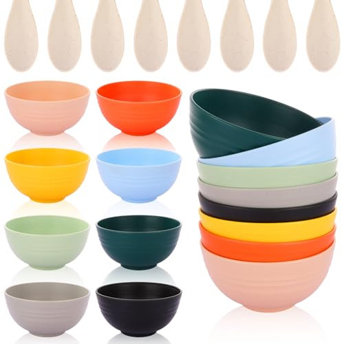 LOPYXBR 26OZ Plastic Bowls Set of 8, Plastic Cereal Bowls with Spoons, Reusable and Unbreakable Bowl for Rice Noodle Soup, Microwave Safe, Freezer Safe（Mutil Color）