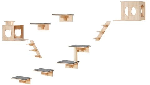 VEVOR Wall Mounted Cat Shelves, Cat Wall Shelves and Perches with Jumping Boards, Pet Beds, Hammocks & Cats Tree, Cats Furniture and Shelves up to 40 lbs for Sleeping, Playing, Climbing, Set of 9