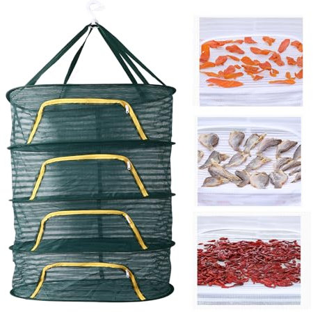 Haofy Kräuter Trocknungs Regal, 4-lagige Faltbare Hängebnetz-Netz Trockner mit Reiß Verschlüssen und Haken-Pflanzen-Hänge Netz, Trockenes Netz, Hoch Elastisches Geflecht für