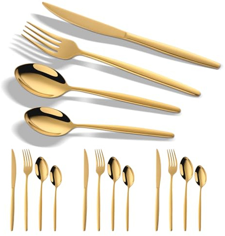 YDware Besteck Gold, 16 Stück Gold Besteck Set für Haus Küche Restaurant Gabeln Löffel Teelöffel Steakmesser Cutlery Set, Für 4 Personen