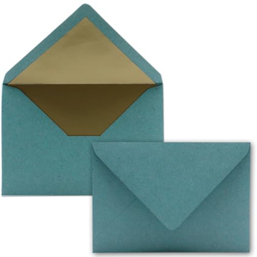 Kuverts in Kraftpapier-Eukalyptus - 75 Stück - Brief-Umschläge DIN C6-114 x 162 mm - 11,4 x 16,2 cm - Naßklebung - matte Oberfläche & Gold-Metallic Fütterung - ohne Fenster - für Einladungen