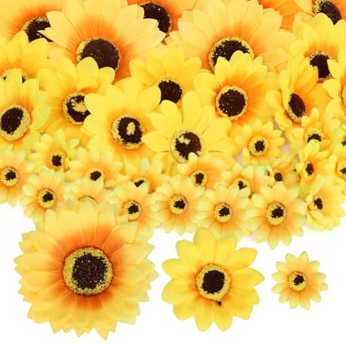 40 Stück Sonnenblumen Künstliche Blumenköpfe 9cm + 7cm + 4cm, Sonnenblume Kunstblumen Kopf, Sonnenblumen Seidenblumen, Gelb Deko Blüten für Basteln DIY Hochzeit Garten Party Dekoblumen Sunflower