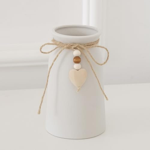 Charmante Keramikvase, 15,2 cm, Juteseil und Herz-Charm-Vase für böhmische Bauernhaus- und Boho-Dekoration, Weiß