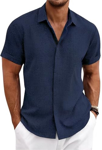 Sprifloral Men's Short Sleeve Linen Shirt Button-Down Shirts Casual Summer Beach Shirt Navy M
