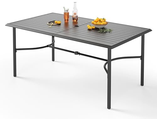 PHI VILLA Garden Table with 4cm Parasol Hole for 6 People E-Coating Metal Steel Dining Table for Garden Outdoor Bistro Patio Table Black