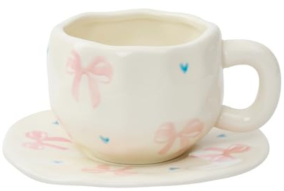 Koythin Tazza da caffè in ceramica con piattino, graziosa tazza rosa con fiocco grande, unica per ufficio e casa, 300 ml, per latte, tè e latte