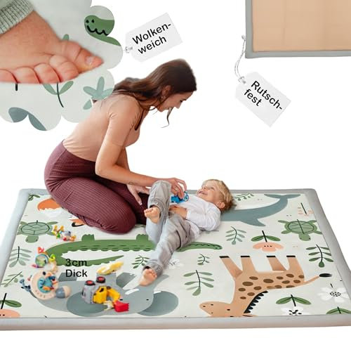 BabybeFun Krabbelmatte Baby - kuschelig weich - 3cm Dicke Spielmatte - schützt vor Stößen - Teppich Kinderzimmer 150x150cm - rutschfeste Schaumstoffmatte - Spielteppich Kinder - Krabbeldecke warm