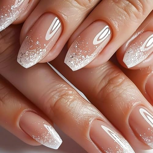 Ceboic 24Pcs Faux Ongles Autocollants Cercueil, Rose Ballerine Français Ongles à Coller Moyen Naturel Press on Nails, Brillant Réutilisables Acrylique Ongles pour Femmes et Filles Décoration Manucure
