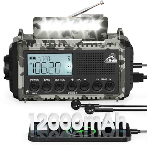 Kurbelradio, Notfallradio mit 12000 mAh Powerbank, AM/FM/SW Radio Ohne Strom, Kurbel 5-Wege Solar Radio mit Weltempfanger, Als Ladegerat Taschenlampe Leseleuchte, Fur Outdoor, Camping, Notfall