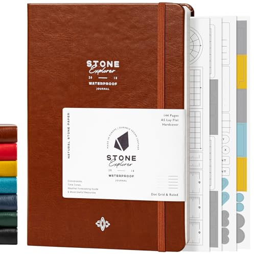 Stone Journal Explorer Notizbuch - A5 wasserdichtes Papier Feld-Tagebuch, hellbraunes veganes Leder, Hardcover, 144 Seiten abwechselnd liniert & Punktraster, Rücktasche, witterungsbeständig