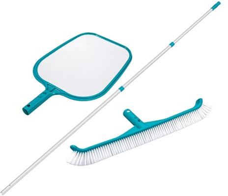 Bestway Poolreinigungs-Set | Teleskopstange 360 cm aus Aluminium & AquaScoop Kescher & Flowclear Poolbesen | für Blätter, Algen & Schmutz | kompatibel mit Ø 30 mm Zubehör