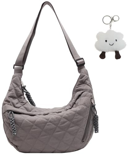 Micmores Crossbody Bag Damen Gequiltete Umhängetasche, Nylon Schultertasche Moon Bag Stylische Halbmond Tasche mit verstellbarer Schultergurt, Casual Handtasche für Arbeit, Reisen, Alltag(Grau)