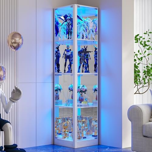 FREDEES Glas Vitrine mit LED-Beleuchtung, Eck-Vitrine mit Glastüren, 4-stöckige Sammlervitrine für Sammlerstücke/Spielzeug/Bücher, Verspiegelter Aufbewahrungsschrank, Weiß
